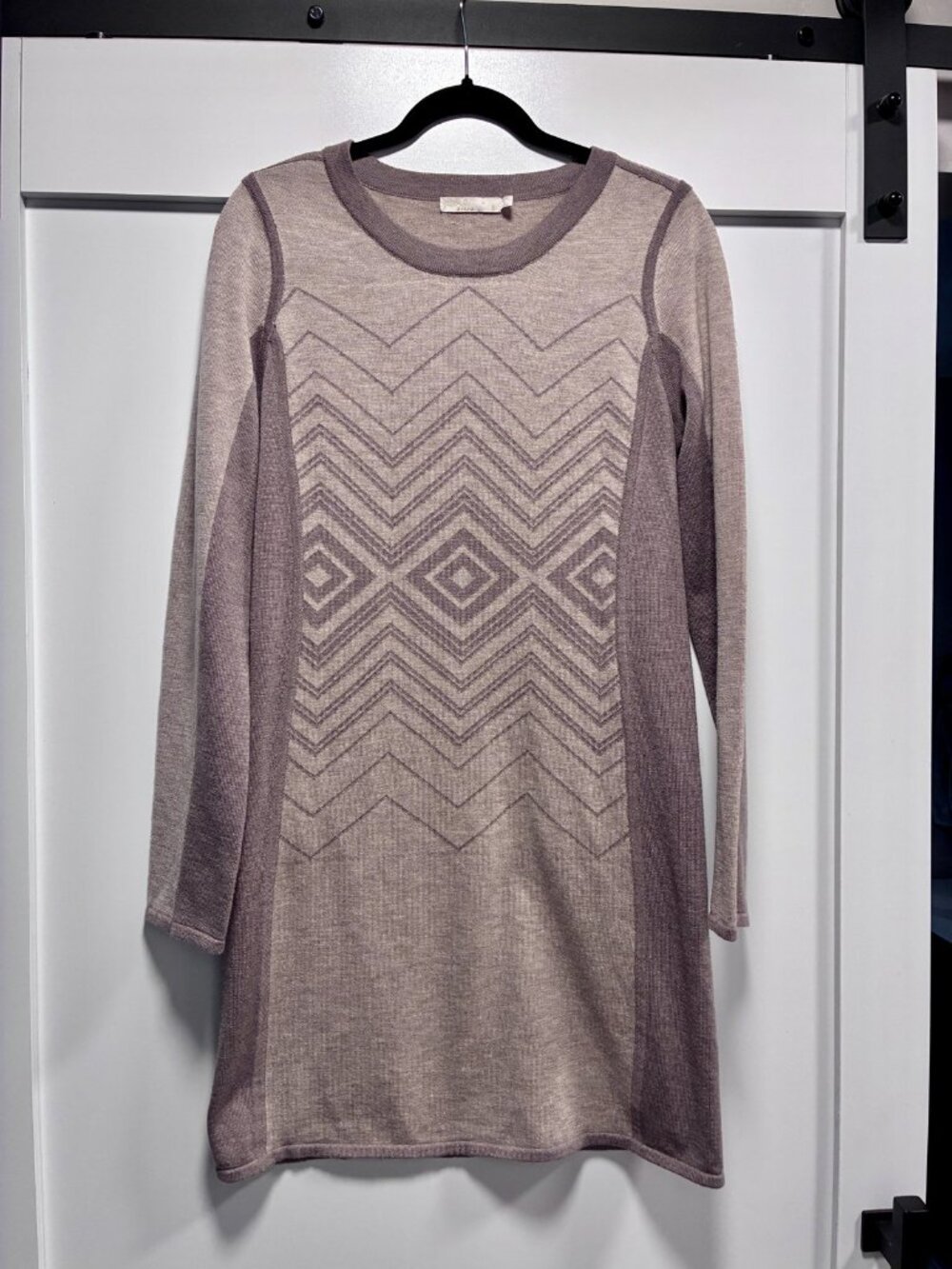 prAna Sweater Dress Long Sleeve Knit Mauve Taupe Geometric Chevron Size S